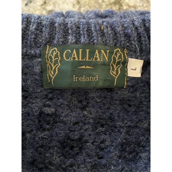 Callan Ireland Cardigan L Blue Marled Fisherman Leather Button 100% Wool Grandpa - Picture 3 of 6